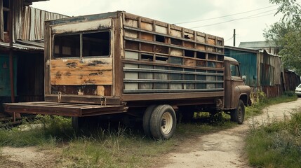 Old, weathered wooden transport truck with rust parked on a rural dirt road next to rusty industrial structures