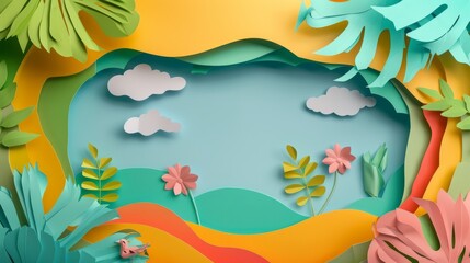 Fototapeta na wymiar A vibrant paper art landscape featuring clouds, flowers, and leaves in a colorful nature scene.
