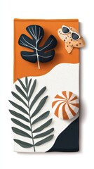 A vibrant summer-themed artwork featuring palm leaves, sunglasses, and a striped beach ball on an orange backdrop.