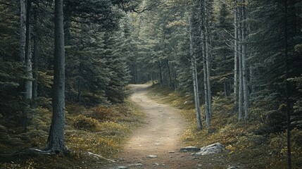 Obraz premium Serene forest pathway through dense green woods.