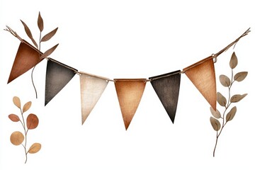 Colorful decorative bunting with natural leaves, perfect for festive occasions and home decor.