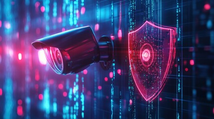 Futuristic security camera and digital shield with binary code background, symbolizing cybersecurity.