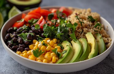 Vegetarian quinoa salad with black beans, corn and avocado.