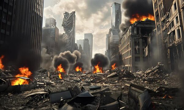 A city street devastated by fire and destruction with burning cars, smoke, and crumbling buildings.