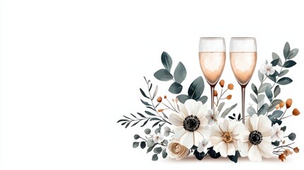 Elegant celebration with champagne flutes surrounded by floral arrangement, perfect for weddings, parties, and special events.