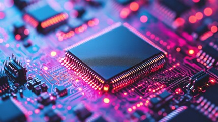 A detailed close-up of a microchip on a circuit board with vibrant colors and intricate patterns.