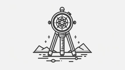 A simple line art illustration of a compass on a tripod, surrounded by mountains, stars, and a stylized landscape.