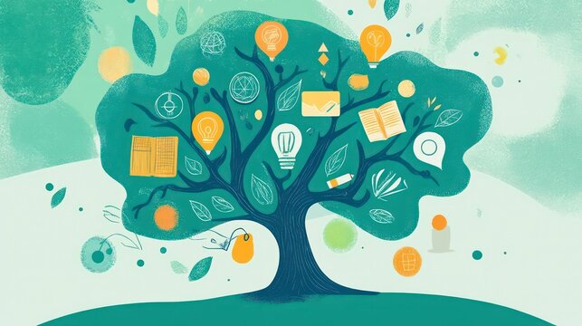 A stylized tree with various icons and illustrations representing knowledge and growth.