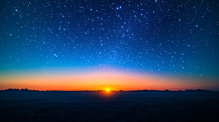 Fototapeta premium Breathtaking landscape featuring a vibrant sunset with a starry sky, illuminating the horizon over a peaceful field
