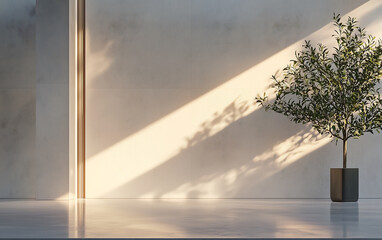 Serene interior featuring minimalist design with potted plant casting shadows on smooth wall. soft light enhances tranquil atmosphere