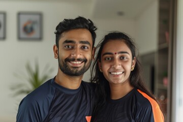 Fototapeta premium Portrait of a smiling indian couple in their 20s sporting a breathable mesh jersey over modern minimalist interior