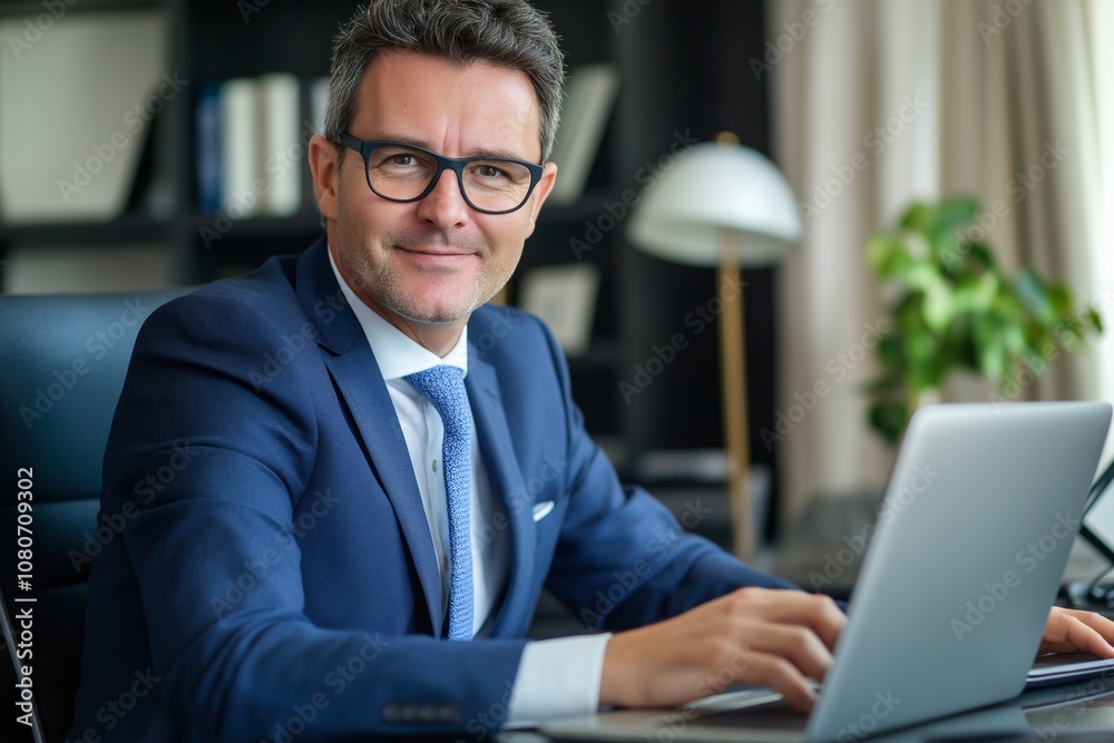 Poster a dedicated and professional businessman engaged in his work within the confines of a modern office 