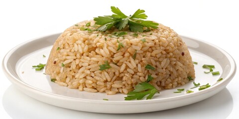 A portion of whole grain brown rice with individual grains wellcooked and slightly sticky arranged neatly on a simple white plate garnished with a sprinkle of fresh herbs.