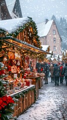 A festive Christmas market scene with colorful stalls and decorations, people walking through the rain on an overcast day