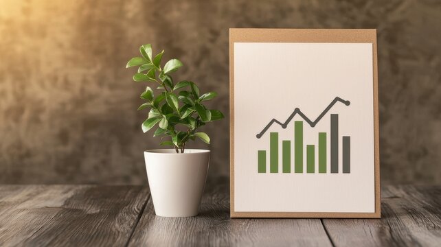 financialvaluation sustainability. A decorative chart shows growth trends beside a small plant, symbolizing prosperity and development in a warm, rustic setting.