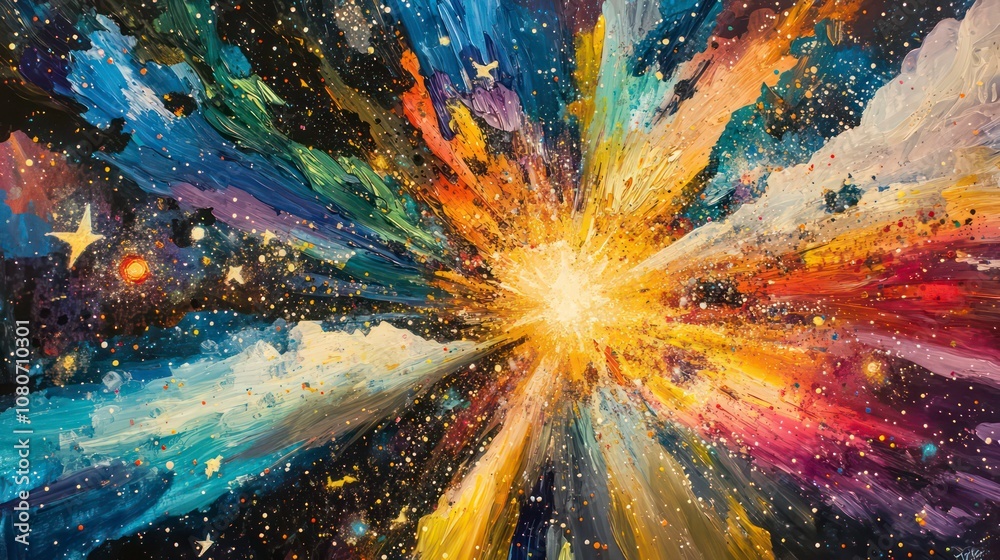 Aufkleber a vibrant explosion of color radiating outward with dynamic starbursts and cosmic elements in a fant