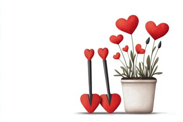 Whimsical red heart flowers in a pot, perfect for romantic themes and celebrating love in modern design.