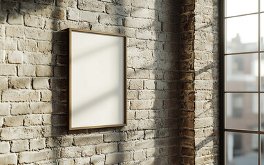 Close up of blank frame mockup hanging on rough brick wall, illuminated by natural light from nearby window, creating warm and inviting atmosphere