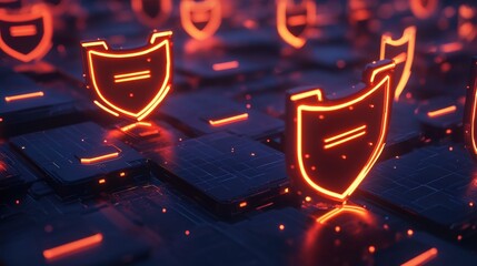 Glowing digital shield icons, illustrating cybersecurity protection on dark background.