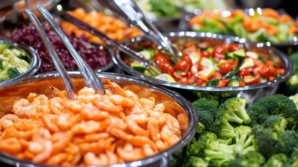 A variety of fresh ingredients for a salad bar, including shrimp, broccoli, tomatoes, and lettuce.