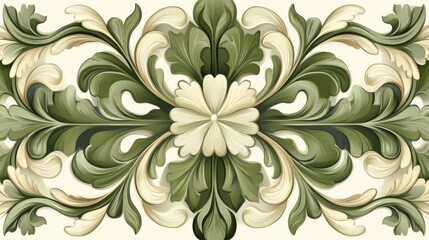 Ornate green and cream floral pattern with symmetrical leaf designs on neutral background