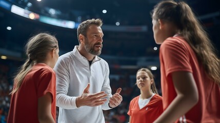 A basketball coach passionately motivating his team during a timeout in a sports arena.