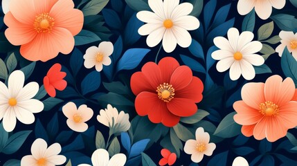 A stunning all over design featuring various colorful flowers on a deep blue background showcasing the beauty of nature through digital art ideal for textiles and wallpaper.