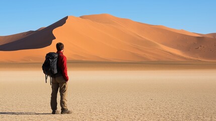 A traveler in a red jacket gazes at a large sand dune in a vast desert.