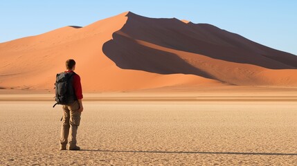 A young man with a backpack gazing at sand dunes in a vast desert.