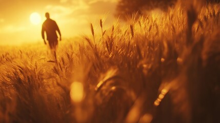 A silhouette of a man walking through a golden wheat field during sunset.