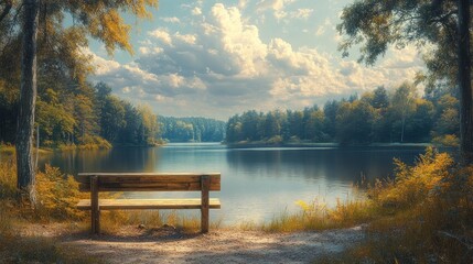 Obraz premium Serene lakeside view with a wooden bench and tranquil water.