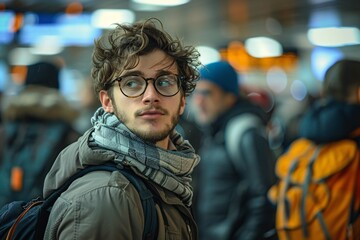 Obraz premium In a bustling train station filled with commuters, a young man stands out with his curly hair and glasses. He appears curious while wearing a warm jacket and scarf amidst the crowd