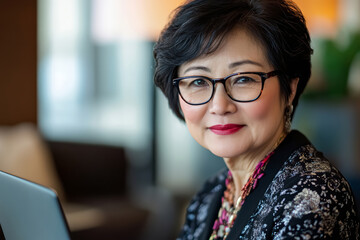 Middle-aged Asian female accountant wearing eyeglasses sitting with laptop providing outsource bookkeeping service, calculating finances, doing paperwork.