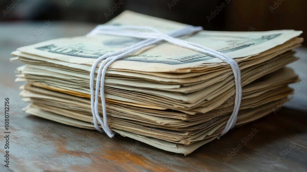 Aufkleber A stack of bills and a stack of paper with a white string tying them together, Insurance policy documents with dividends on the table.