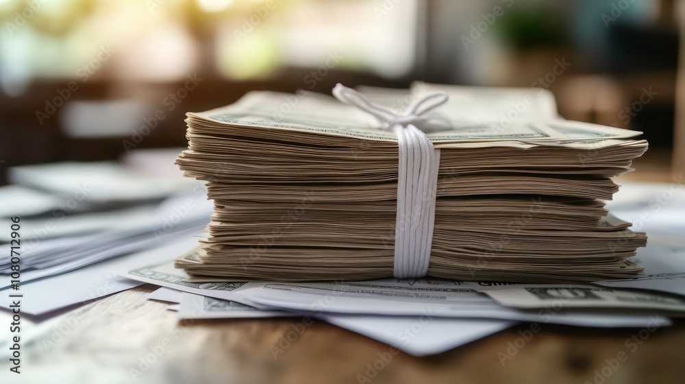 Aufkleber A stack of bills and a stack of paper with a white string tying them together, Insurance policy documents with dividends on the table.