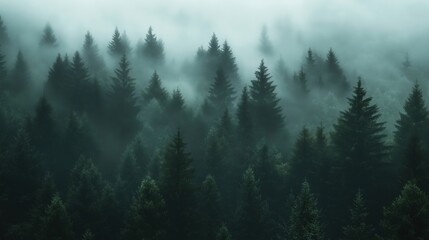 Fototapeta premium A dense forest shrouded in mist with tall evergreen trees.