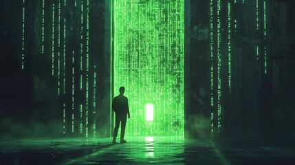 Person standing before a digital, glowing green matrix code in a virtual landscape.