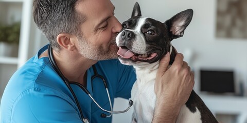A caring veterinarian embraces a joyful dog, highlighting the bond and trust between pets and their healthcare professionals, capturing the essence of love and care in their relationship