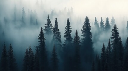 A serene view of tall evergreen trees shrouded in mist, creating a tranquil atmosphere.
