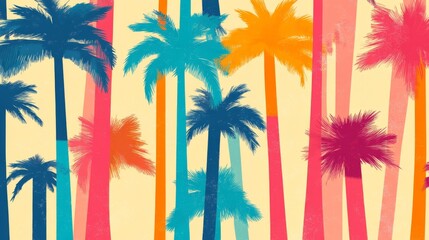 Obraz premium This lively pattern showcases colorful grunge palm tree silhouettes creating an exotic and vibrant backdrop perfect for summer themed textiles or wallpapers evoking a beach atmosphere.