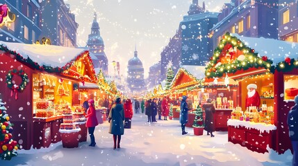 A festive Christmas market scene with colorful stalls and decorations, people walking through the rain on an overcast day