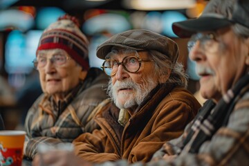 A group of elderly friends sit together at a cafe, engaging in conversation and sharing smiles, surrounded by a warm, inviting atmosphere that sparks fond memories