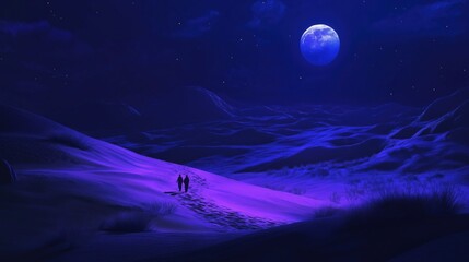 A couple walking on a sandy desert under a bright full moon at night.