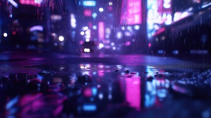 A vibrant city street illuminated by neon lights during a rainy night.