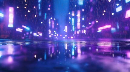 Fototapeta premium A vibrant city scene with neon lights reflecting on wet pavement during rain.
