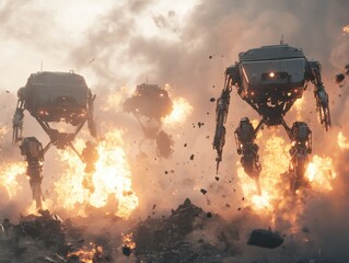 Three robotic soldiers advance through an inferno.