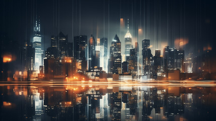 Obraz premium Night cityscape with glowing lines and reflections