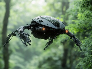 A futuristic drone with eight spindly legs hovers in a dense forest, its red lights glowing ominously.