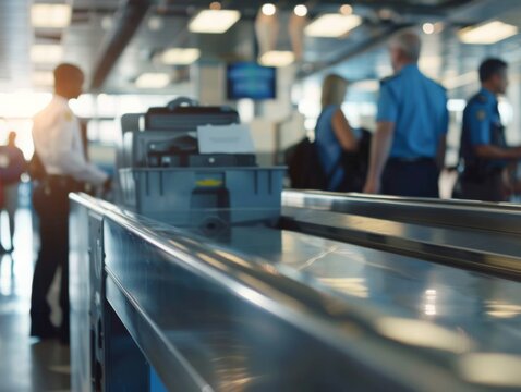 Two airport security officers are questioning a traveler at the check in counter while luggage and screening equipment are visible in the background captured in ambient light.