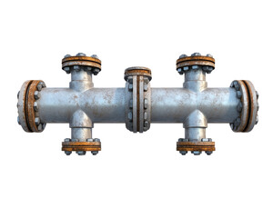 A rusty pipe with a lot of bolts and nuts on it. transparent background